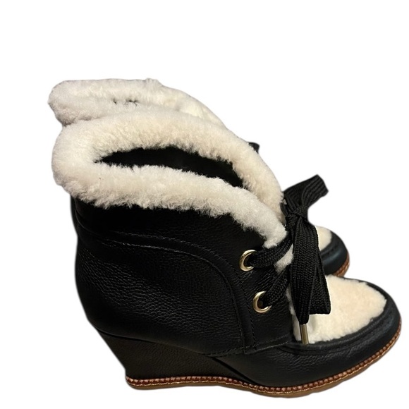 Kate Spade NY Sandy Leather Wedge Ankle Boots Black Shearling SZ 7.5 NWOB - Picture 3 of 5